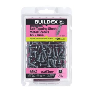 Buildex 10G x 15mm Zinc Plated Self Tapping Sheet Metal Screws - 100 Pack