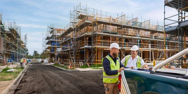 Two tradies on worksite wearing hard hats