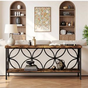 OAKORY 180cm Industrial Console Table 30cm Wide Slim with 2 Shelves, Metal Accent Frame Rustic Brown & Black