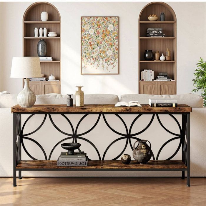 OAKORY 180cm Industrial Console Table 30cm Wide Slim with 2 Shelves, Metal Accent Frame Rustic Brown & Black
