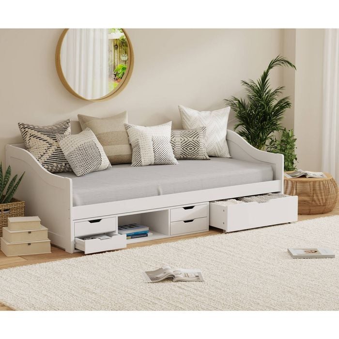 Oikiture Kids Wooden Bed Frame Trundle Daybed with Storage