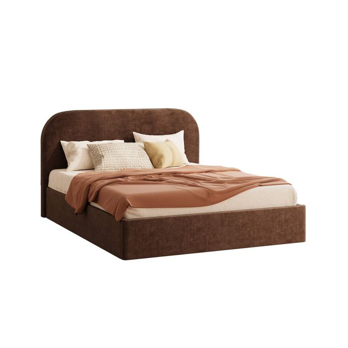 Oikiture Bed Frame Queen Size Gas Lift Storage Base Rounded Corner Velvet Brown