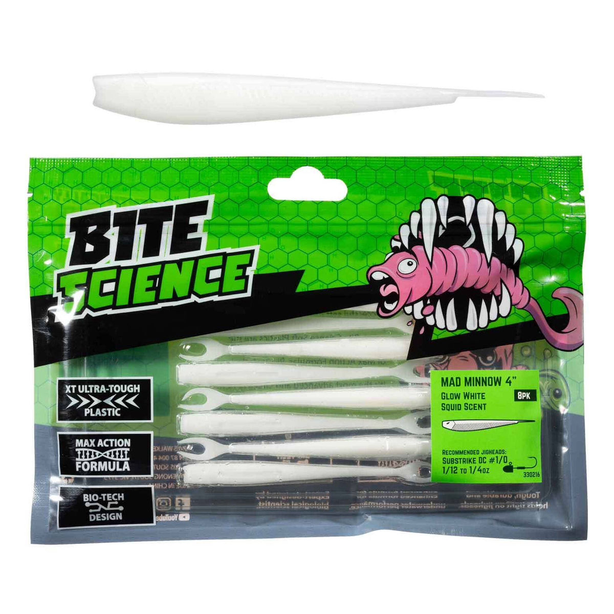 8 Pack of 4 Inch Bite Science Mad Minnow Soft Plastic Lures - Glow ...