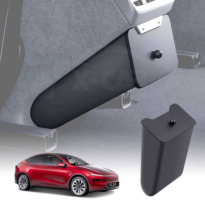 Rear Bin With Magnetic Lid For Tesla Model Y Juniper 2025-onwards Premium Abs Trash Can Interior Car Organizer Accessories