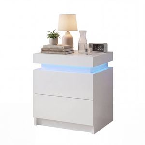 Advwin Bedside Table  LED Nightstand 2 Drawers Lift Up Side Table White