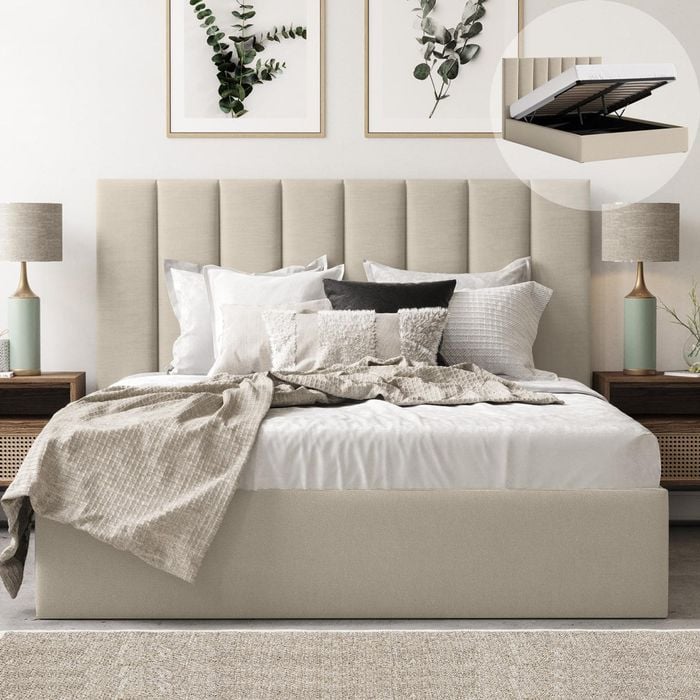 Celine King Beige Storage Gas Lift Bed Frame