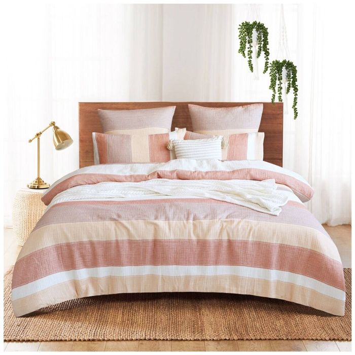 Renee Taylor Bayley 100% Muslin Cotton Quilt Cover Pink & Neutral Stripe Queen