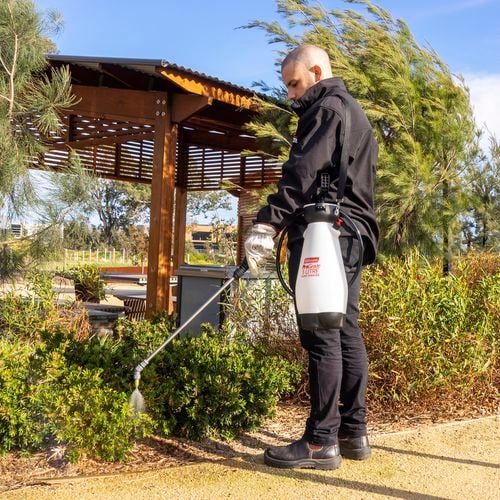 5 litre sprayer being used on garden bed and edge of walking path
