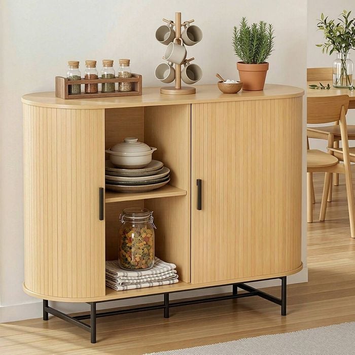 Homfurn Buffet Sideboard With Sliding Doors – Fluted Front, 4 Shelves, 50kg Capacity, Metal Legs, Oak Finish