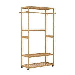 Oikiture Clothes Rack Open Wardrobe Garment Coat Stand Bamboo 2 Shelves Wheels