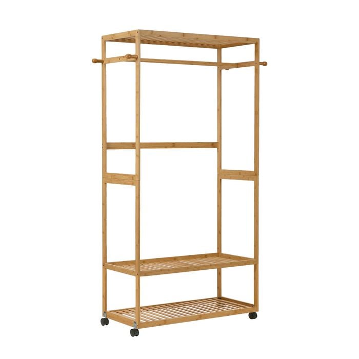 Oikiture Clothes Rack Open Wardrobe Garment Coat Stand Bamboo 2 Shelves Wheels