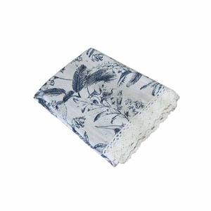 Vintage Flowers Printed Premium 60% Cotton 40% Linen Table Cloth With White Lace Edging 140 X 180 Cm / 4 Seater