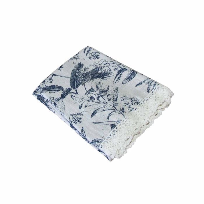Vintage Flowers Printed Premium 60% Cotton 40% Linen Table Cloth With White Lace Edging 140 X 180 Cm / 4 Seater