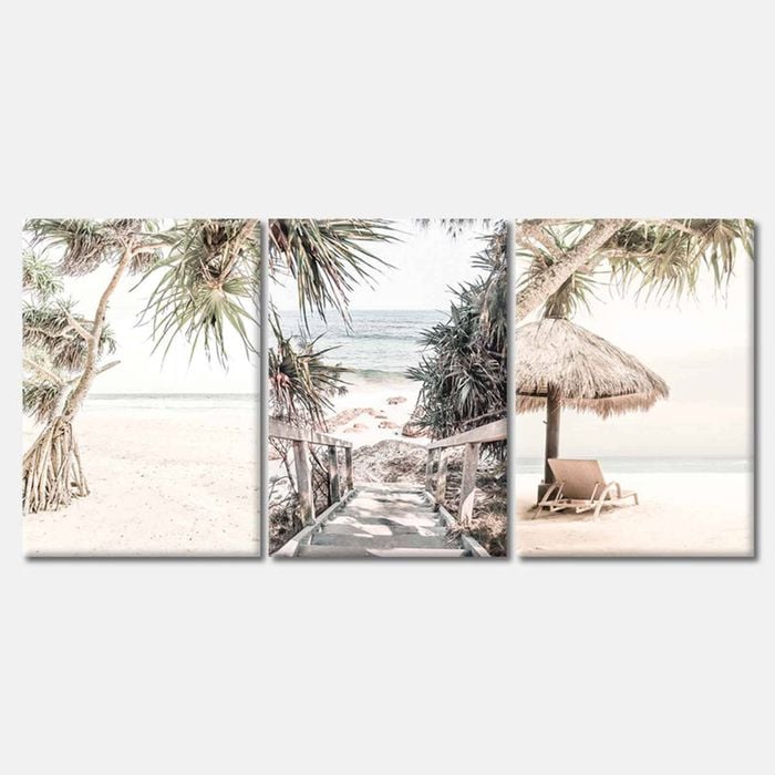 3 Set of Beach with Trees View Print 100% Australian Made 3 x 60x90cm (Stretched Canvas)