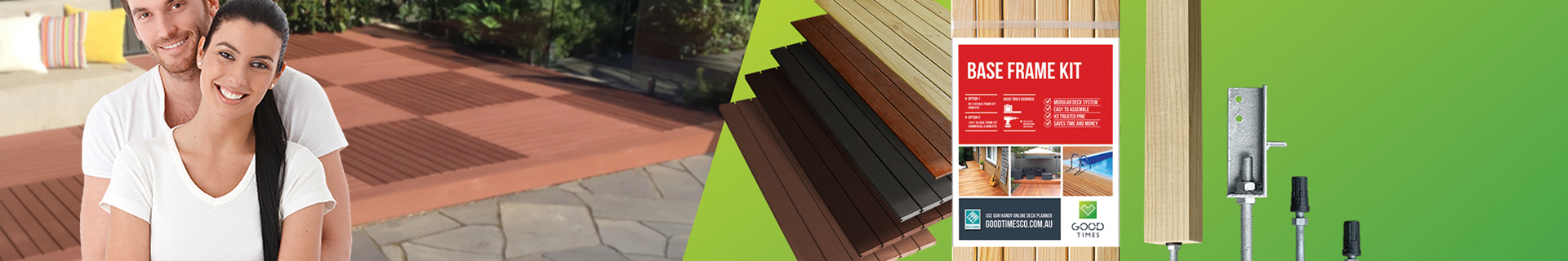 A couple and decking products on the Good Times Decking product banner.