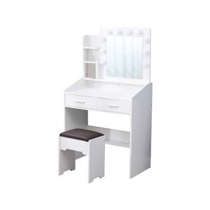 Vanity Set with Shelves Cushioned Stool and Lighted Mirror- White