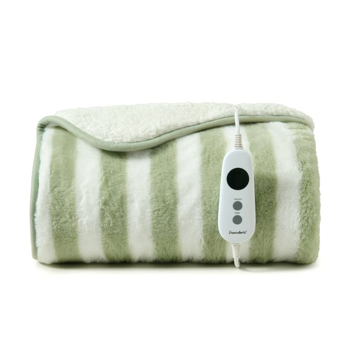 Dreamaker Linea Sherpa & Faux Fur Electric Heated Throw Blanket Olive 130x160cm | Safety Overheat Protection & Machine Washable