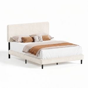 Advwin Queen Corduroy Upholstered Bed With Adjustable Headboard Beige