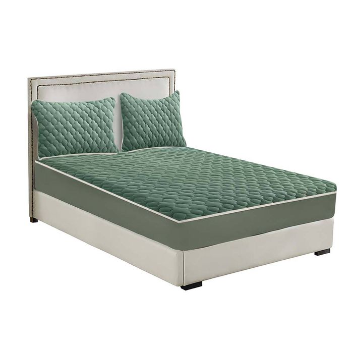 SOGA 153cm Green Quilted Fleece Mattress Cover Set with Pillow Covers