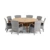 Solomon 1.8m Round Outdoor Teak Timber Table Brushed Grey With Kai Wicker Chairs & Lazy Susan Denim Cushions
