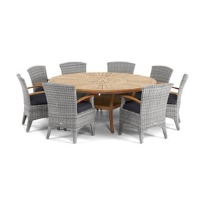 Solomon 1.8m Round Outdoor Teak Timber Table Brushed Grey With Kai Wicker Chairs & Lazy Susan Denim Cushions