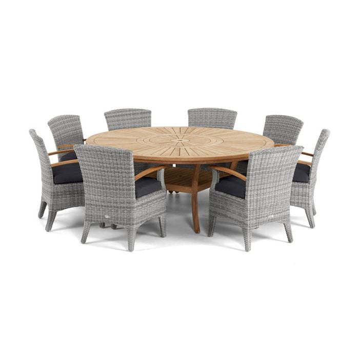 Solomon 1.8m Round Outdoor Teak Timber Table Brushed Grey With Kai Wicker Chairs & Lazy Susan Denim Cushions