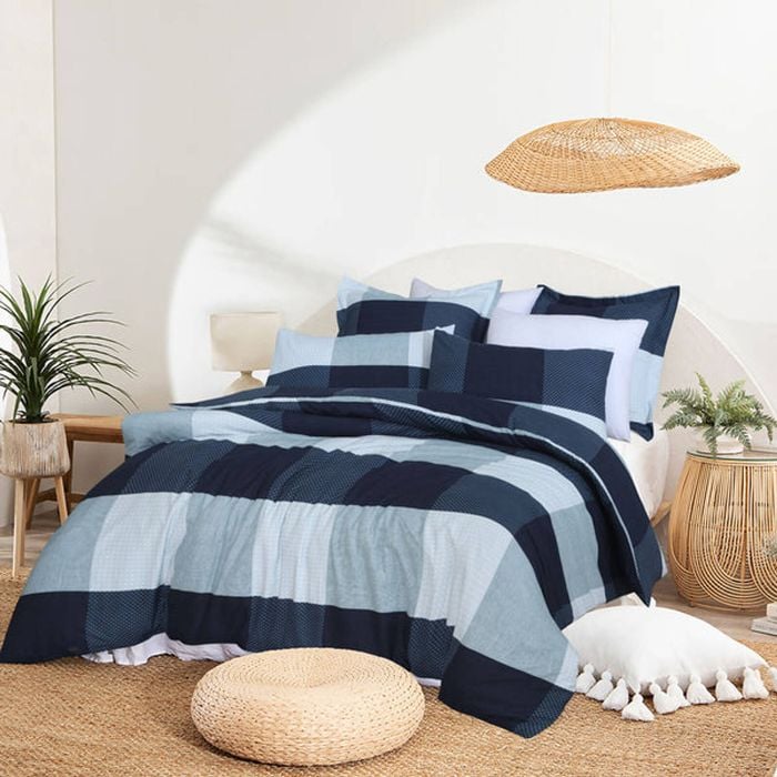 Super King Quilt Cover Set with Extra Standard Pillowcase - Blue Check