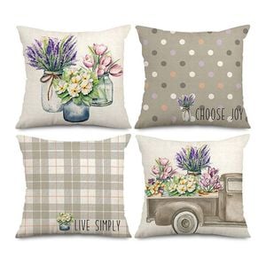 Catzon 4 Pcs Lavender Throw Pillow Covers Linen Summer Cushion Case for Sofa