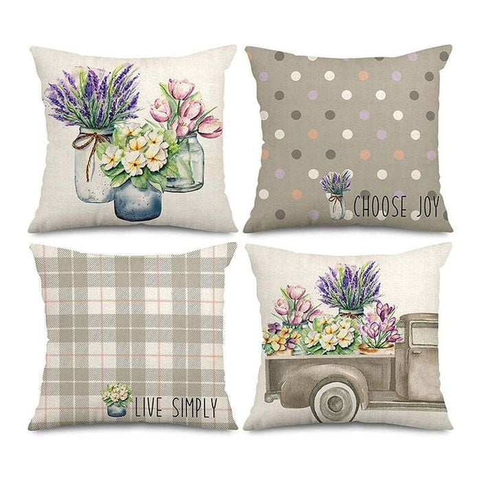 Catzon 4 Pcs Lavender Throw Pillow Covers Linen Summer Cushion Case for Sofa