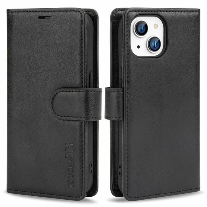 Tough On for Apple iPhone 16e / iPhone 15 Flip Wallet Leather Case Black