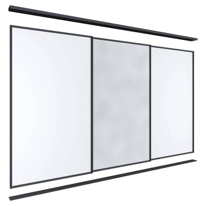 Lugna 2100 x 2701-3600mm Black 1 Mirror 2 Melamine Wardrobe Triple Sliding Doors