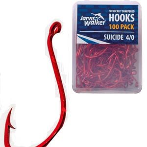 100 x Jarvis Walker Size 4/0 Suicide Octopus Hooks - Red Chemically Sharpened