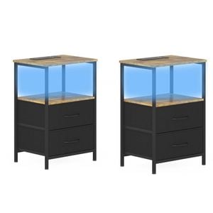 Ufurniture 2xnightstand With Led Light And Charging Station Industrial End Table 2 Fabric Drawers And Open Shelf Brown