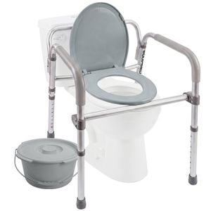 EQUIPMED Over Toilet Foldable Safety Frame, Seat with Splash Guard, Commode, Padded Armrests, Adj Height, Non-Slip Feet, 136kg