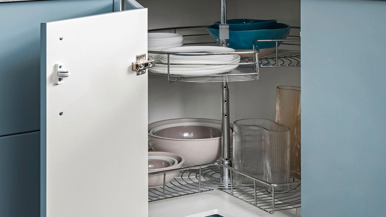 2 tier corner rotating Kaboodle Kitchen baskets in a light blue corner cupboard.