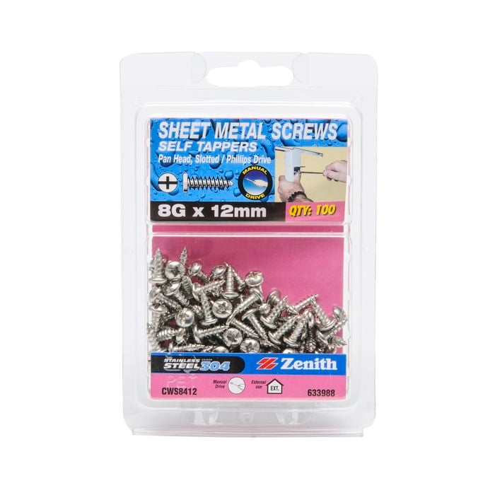 Zenith 8G x 12mm Stainless Steel Pan Head Sheet Metal Screws - 100 Pack