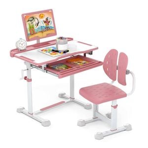 Costway Kids Study Desk & Chair Set Tilt Writing Table W/book Stand Pink