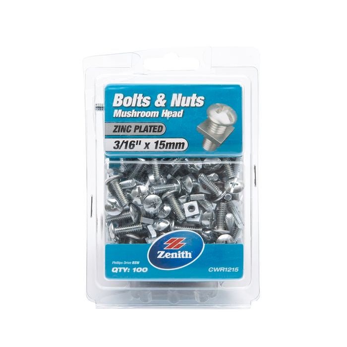 Zenith 3 / 16" x 15mm Zinc Plated Mushroom Head Bolts And Nuts - 100 Pack