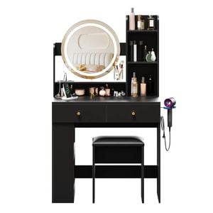 Ufurniture Modern Dressing Table with Power Outlets  LED Round Mirror Black