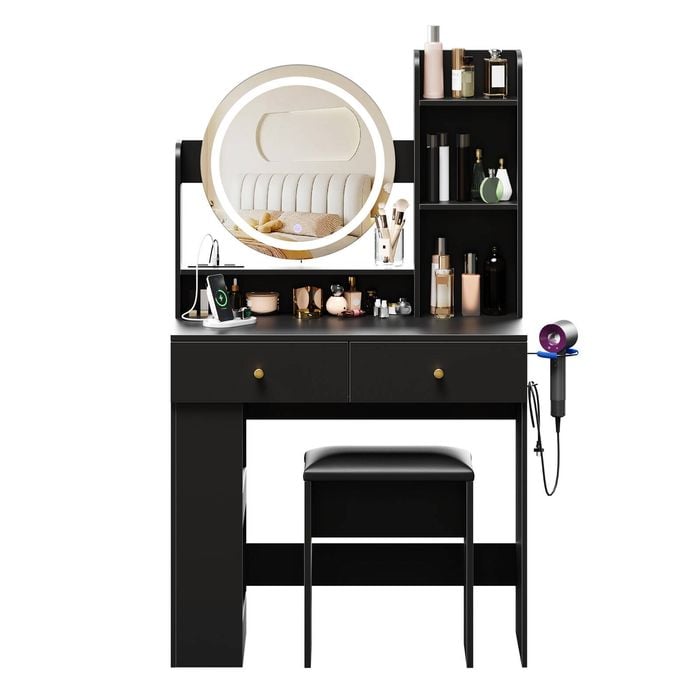 Ufurniture Modern Dressing Table with Power Outlets  LED Round Mirror Black
