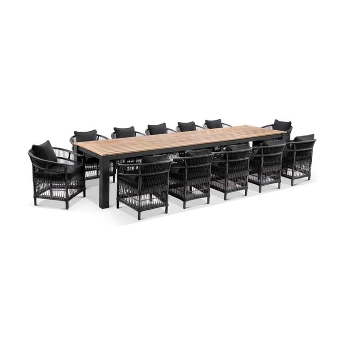 Balmoral 3.55M Outdoor Teak Top Aluminium Table With 12 Malawi Wicker Chairs