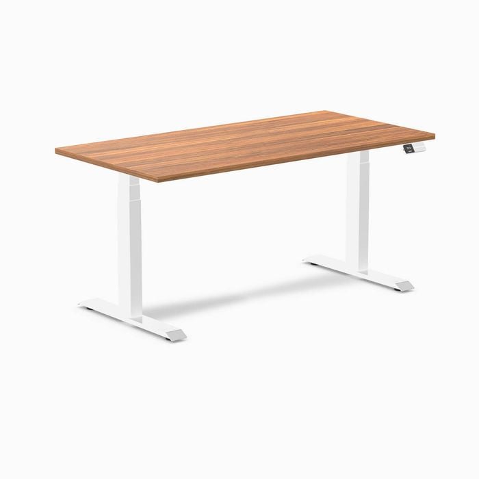 Desky Dual Sit to Stand Prime Oak Melamine Desk 150x75cm White Height Adjustable Legs