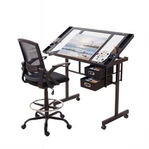 Artiss Drawing Table With Ergonomic Office Chair Glass Desktop Drawers For Artwork Painting Studio