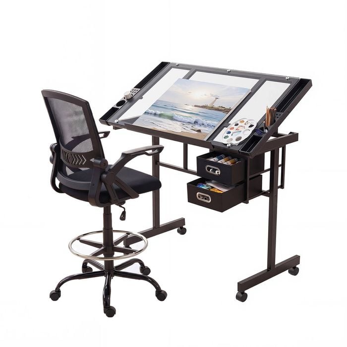Artiss Drawing Table With Ergonomic Office Chair Glass Desktop Drawers For Artwork Painting Studio