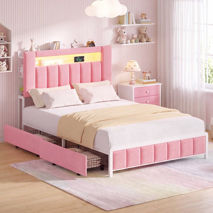 Advwin Queen Upholstered Velvet LED Bed Frame with Hidden Storage Pink