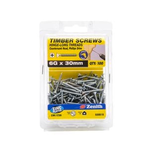 Zenith 6g x 30mm Zinc Plated Hinge-Long Thread Timber Screws - 100 Pack