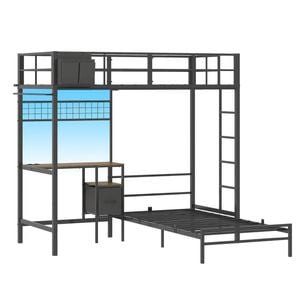 Ufurniture LED Bunk Bed with Power Outlet L Shaped Loft Bed with Desk Clothes Rail Ladder Single over Single Bed Black
