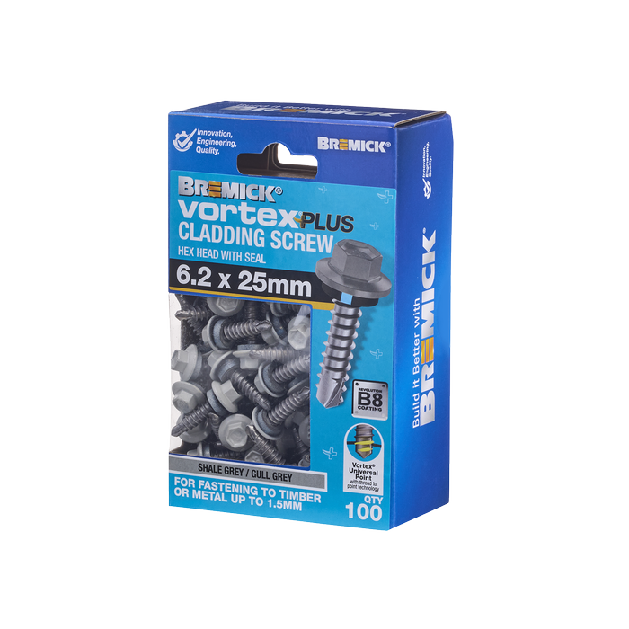 Bremick 6.2 x 25mm HEX B8 SH Vortex Plus Cladding Screw - 100 Box
