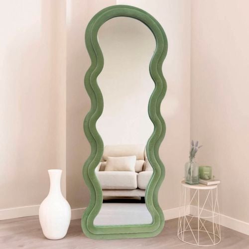 Best World 160cm x 60cm Arched Wavy Velvet Full Length Mirror Green Frame