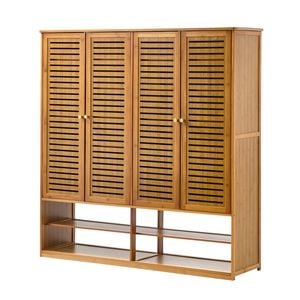 Oikiture Shoe Storage Cabinet 4 Doors Bamboo Organiser With 2 Bottom Shelf Brown